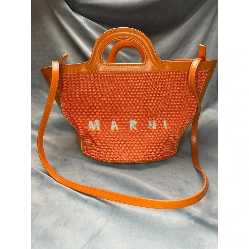 Marni Tropicalia Basket bag 2WAY Shoulder‎ Orange Raffia Leather Tote Used